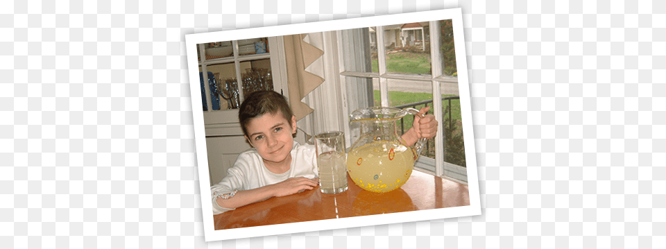 Alexandra Scott At A Kitchen Table With Pitcher Of Alex Lemonade Stand, Beverage, Glass, Boy, Child Free Png Download