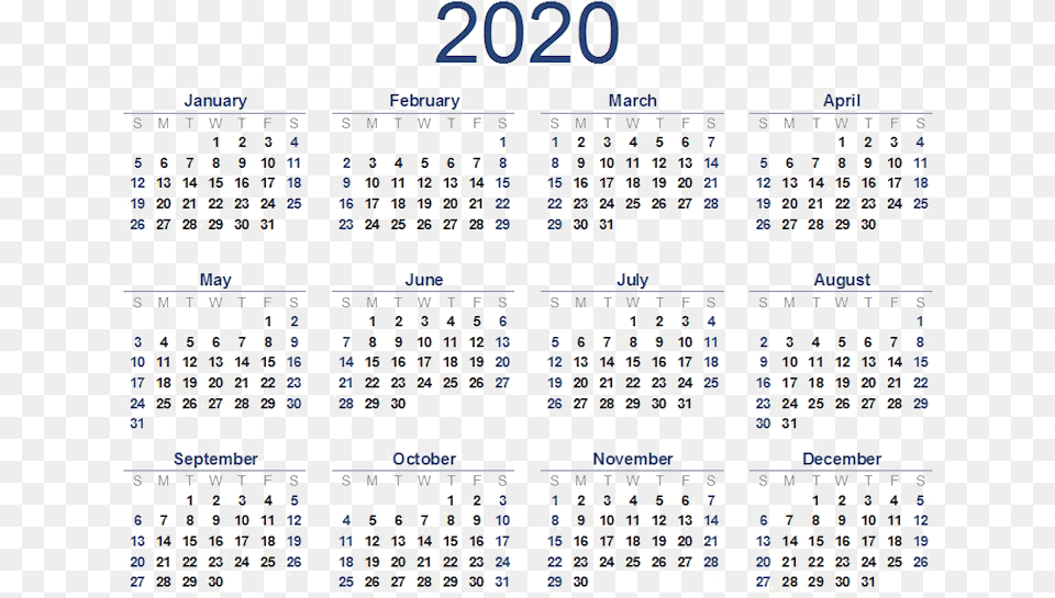 All Months Calendar 2020 Download Printable 2020 Calendar, Accessories, Text, Jewelry, Scoreboard Png Image