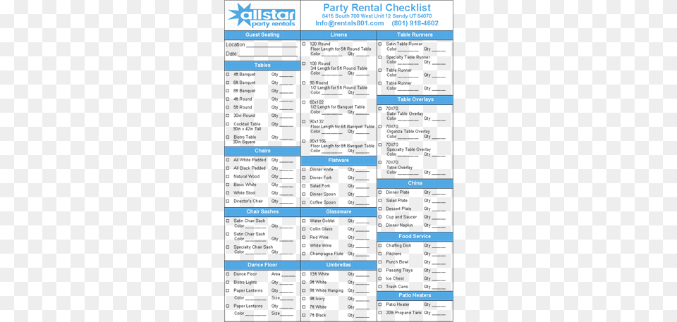 All Star Party Rentals Wedding Party Checklist Party Party Rental Checklist, Computer Hardware, Electronics, Hardware, Monitor Free Png