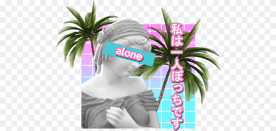 Alone Vaporwave Statue Meme Gift Antisocial Japanese Text Design Beach Sheet Girly, Tree, Plant, Baby, Person Free Png