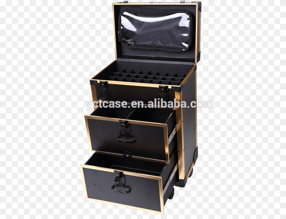 Aluminum Gold Trim Trolley Makeup Kit Case Organizer Drawer, Cabinet, Furniture, Mailbox, Box Png Image