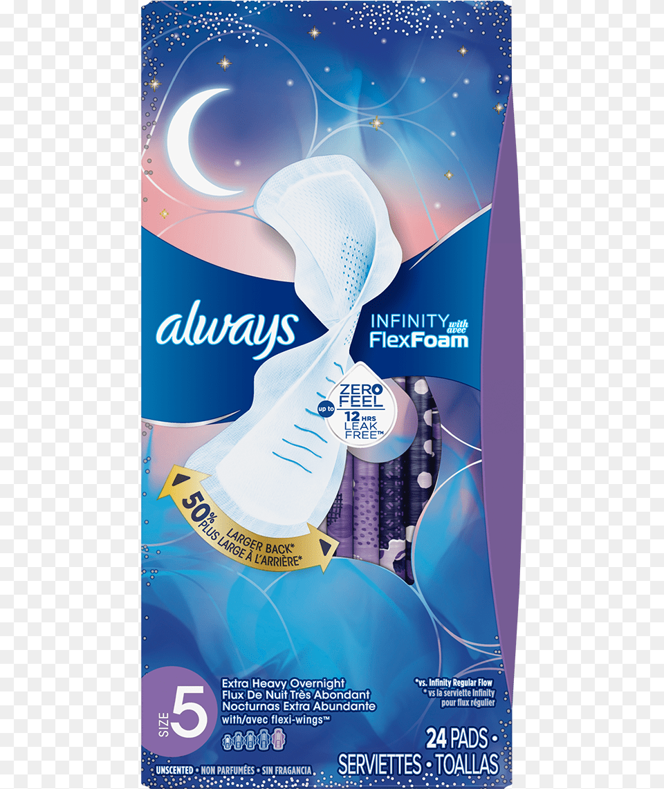 Always Infinity Size 5 Extra Heavy Overnight Pads With Always Infinity Flex Foam Size, Advertisement, Poster, Person Png