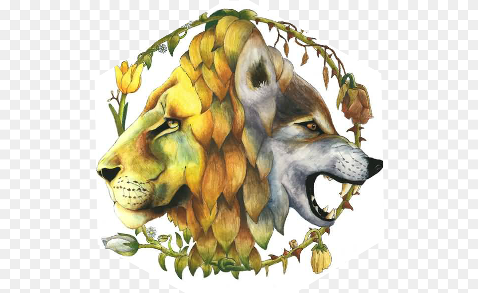 Amazing Collaboration Of Lion And Wolf Tattoo Wolf And Lion Art, Painting, Plant Free Png