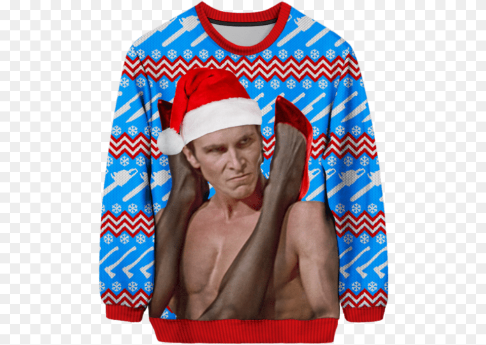 American Psycho Christmas Sweater Christian Bale American Psycho Blue, Knitwear, Clothing, Person, Man Png Image