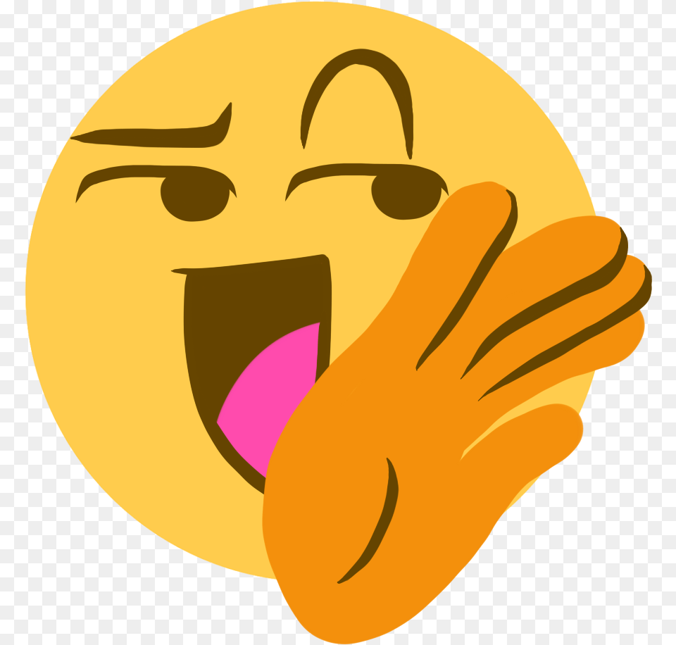 An Emoji Of A Smug Laugh With One Hand Raised To The Smug Laugh Emoji, Gold, Face, Head, Person Png Image