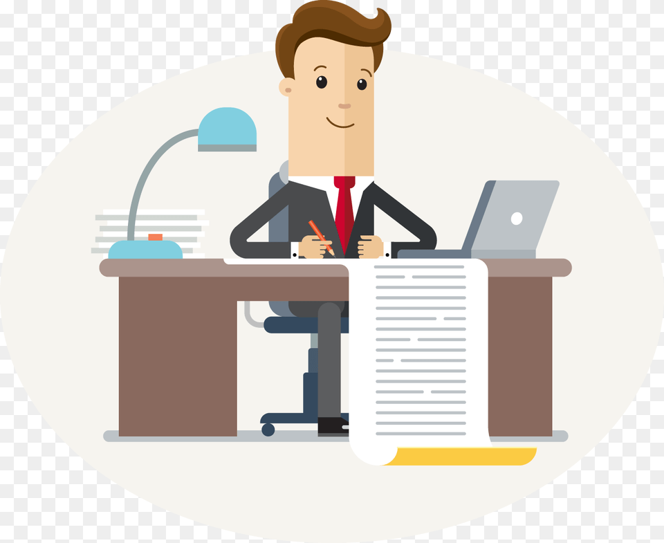 An Illustration Of An Accountant Sitting At A Desk Accountant At Desk, Furniture, Table, Crowd, Person Png Image