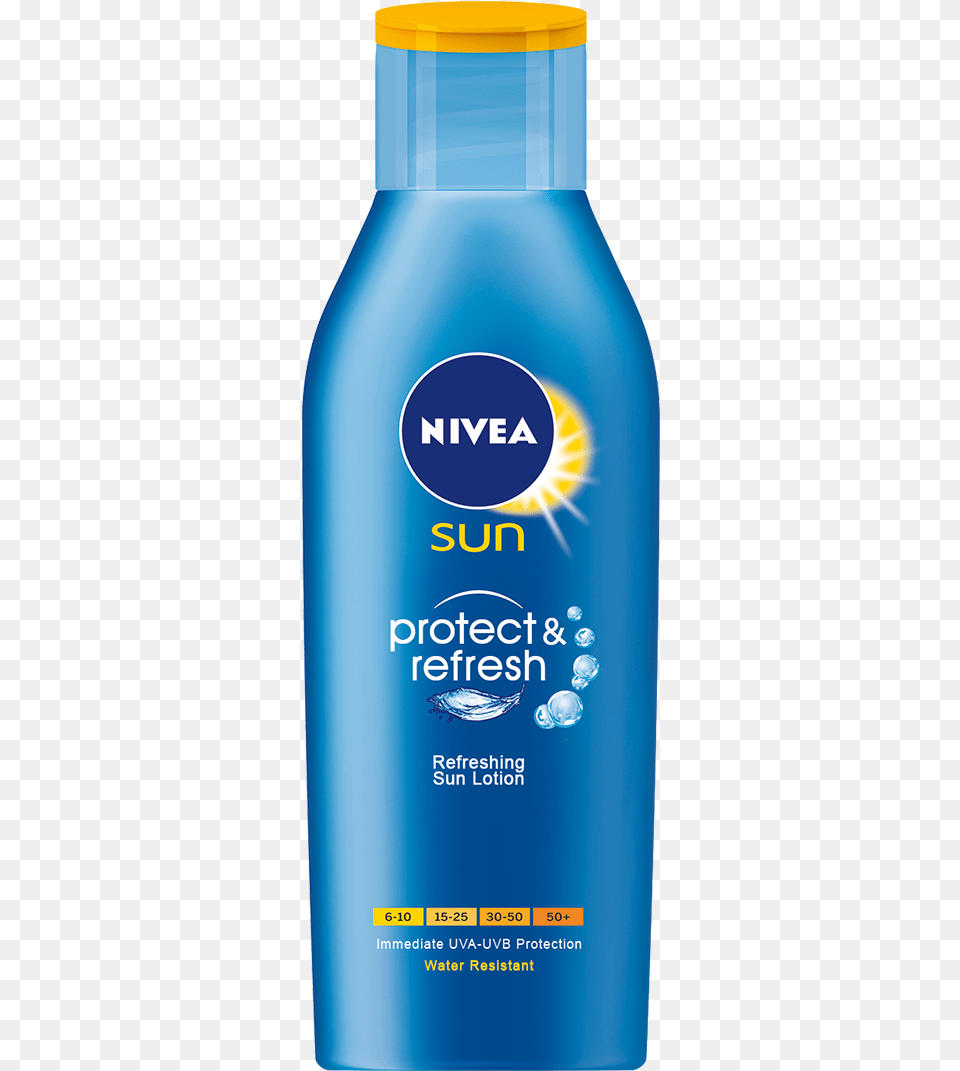 And Has A Pleasurable Cooling Effect That Leaves Your Nivea Sun Protect And Refresh, Bottle, Cosmetics, Sunscreen, Perfume Png Image