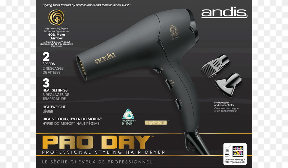 Andis Ceramic Tourmaline 1875 Watt Hair Dryer Black, Appliance, Blow Dryer, Device, Electrical Device Png