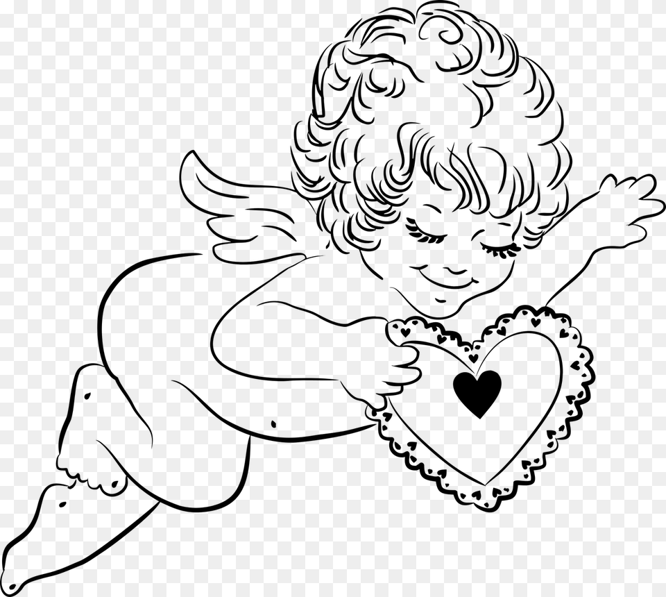 Angel Holding Heart Clipart, Gray Png