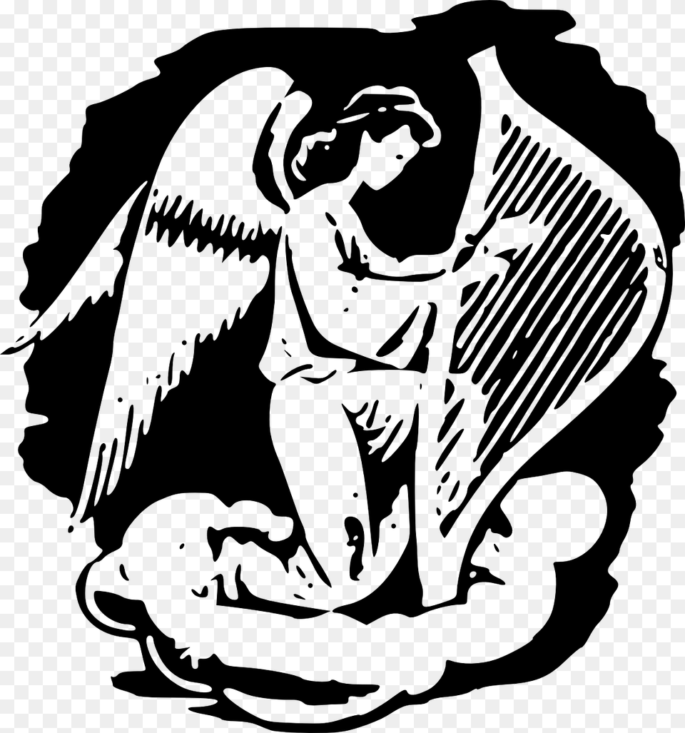 Angel Playing Harp, Gray Free Png Download