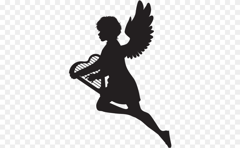 Angel With Harp Silhouette Clip Art Image Angel With Harp Clipart, Person, Cupid, Head Free Png