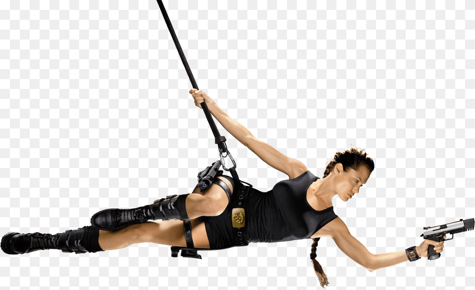 Angelina Jolie Lara Croft Swinging On Rope, Adult, Gun, Male, Man Free Png Download