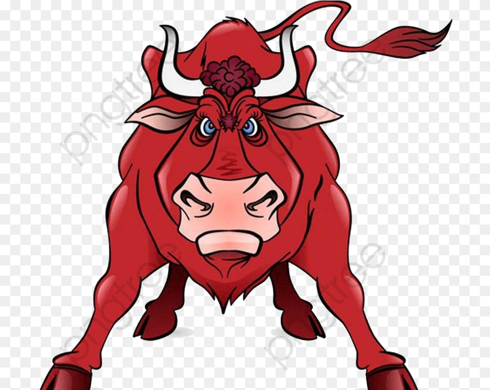 Anger Front Red Bull Raging Bull Cartoon, Animal, Mammal, Wildlife, Buffalo Free Png Download