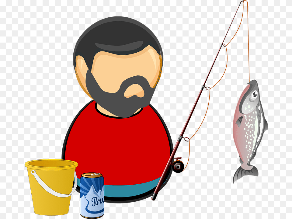 Angler Bait Beer Bucket Catch Comic Characters Clipart Fisherman, Fishing, Leisure Activities, Outdoors, Water Png Image