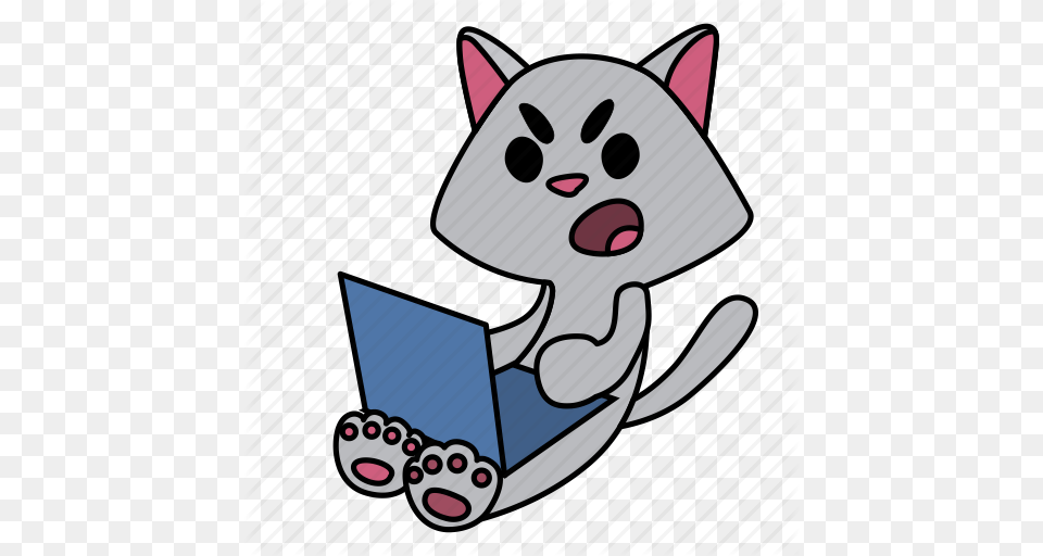 Angry Cat Character Computer Laptop Sitting Icon, Cartoon, Person, Reading, Animal Free Png