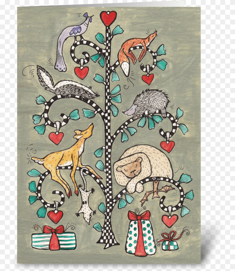 Animal Christmas Tree Greeting Card Cartoon, Applique, Pattern, Embroidery, Art Free Png
