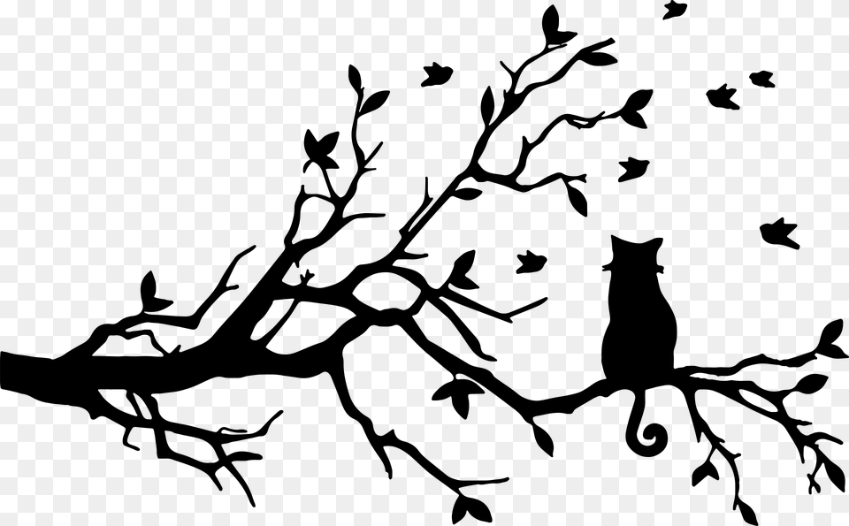 Animal Tree Branch Birds Pet Feline Cat Tree Silhouette With Cat, Gray Png