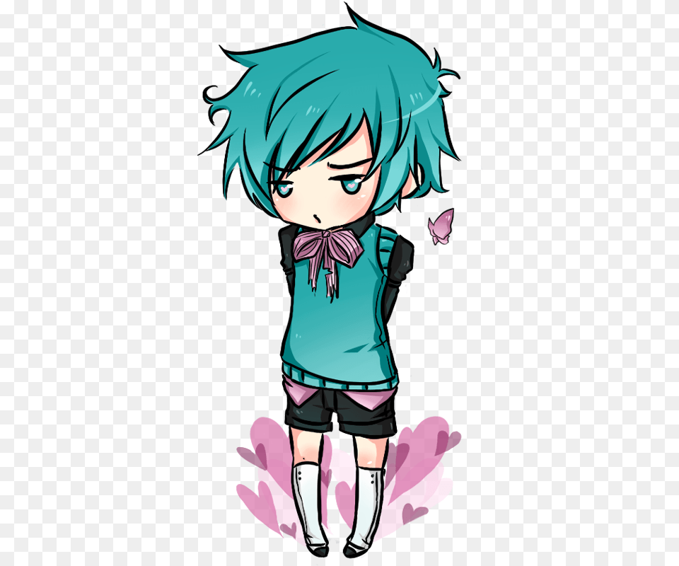 Anime Boy With Blue Hair And Chibi Boy Hair Green, Book, Comics, Publication, Person Free Png