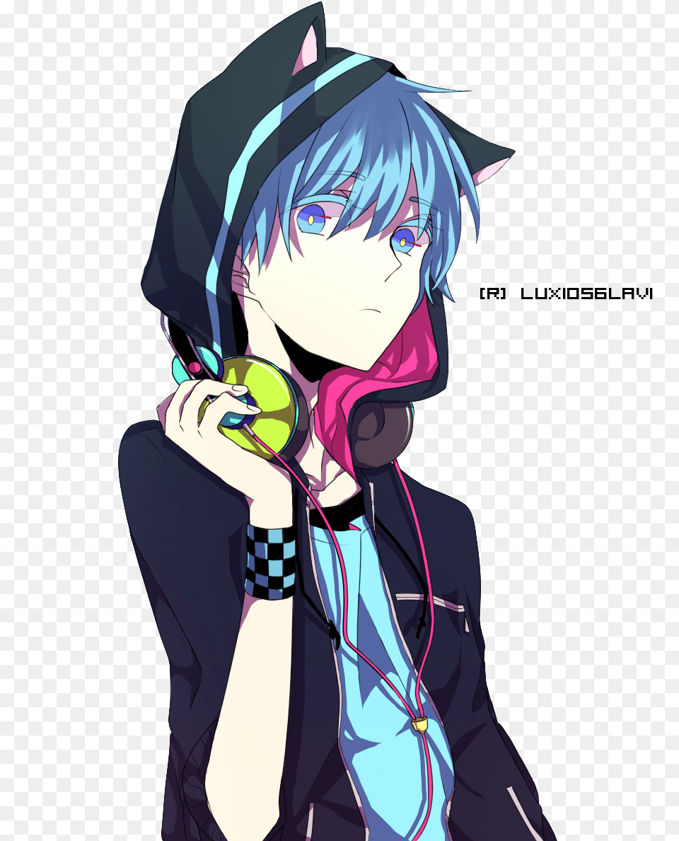 Anime Boy With Cat Hood And Headphones Anime Boy With Head Phones, Publication, Book, Comics, Person Png Image