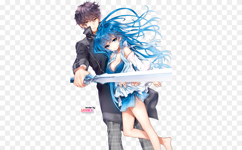 Anime Couple Tough Love Guy With Sword Blue Hair Guy Anime, Adult, Book, Comics, Female Png Image
