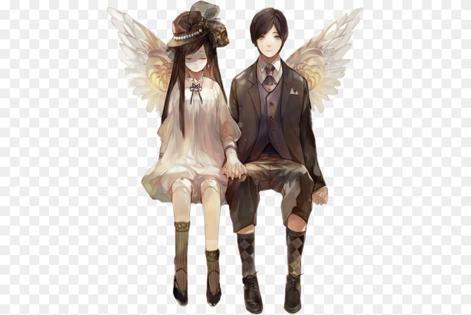 Anime Couple Wings Angels Female Male Sitting Anime Male Angel, Child, Person, Girl, Head Png Image