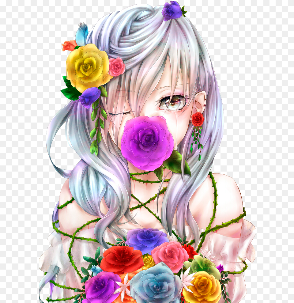 Anime Flowers And Anime Girl Manga Fille Cheveux Blanc, Flower Bouquet, Art, Graphics, Flower Arrangement Free Png