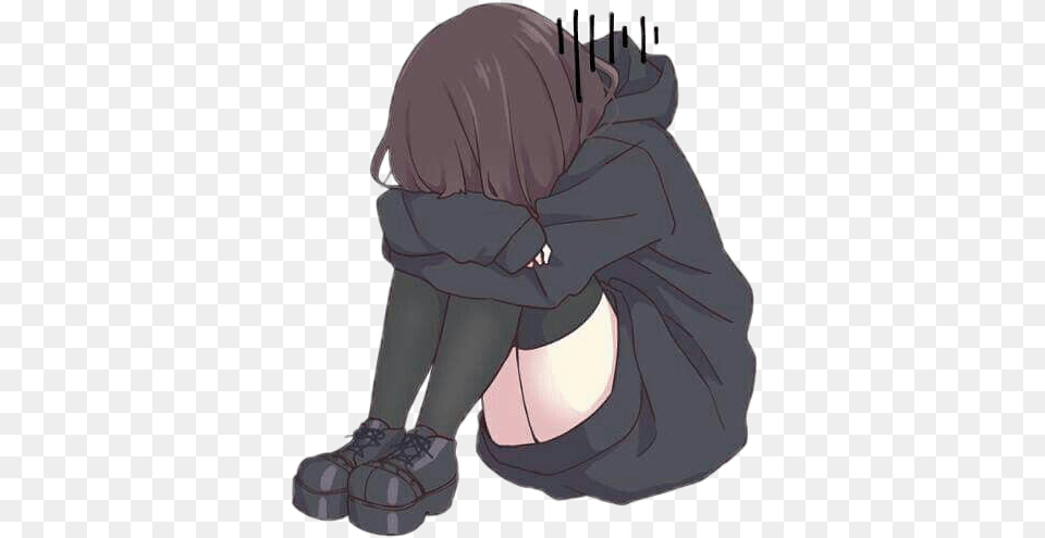 Anime Girl Animegirl Black Sick Sad Sad Anime Girl Chibi, Book, Comics, Kneeling, Person Png Image