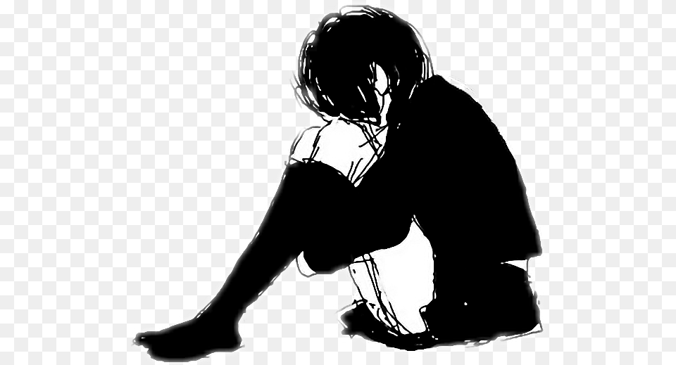 Anime Girl Sad Sad Girl Sitting, Stencil, Person, Kneeling, Man Free Png Download