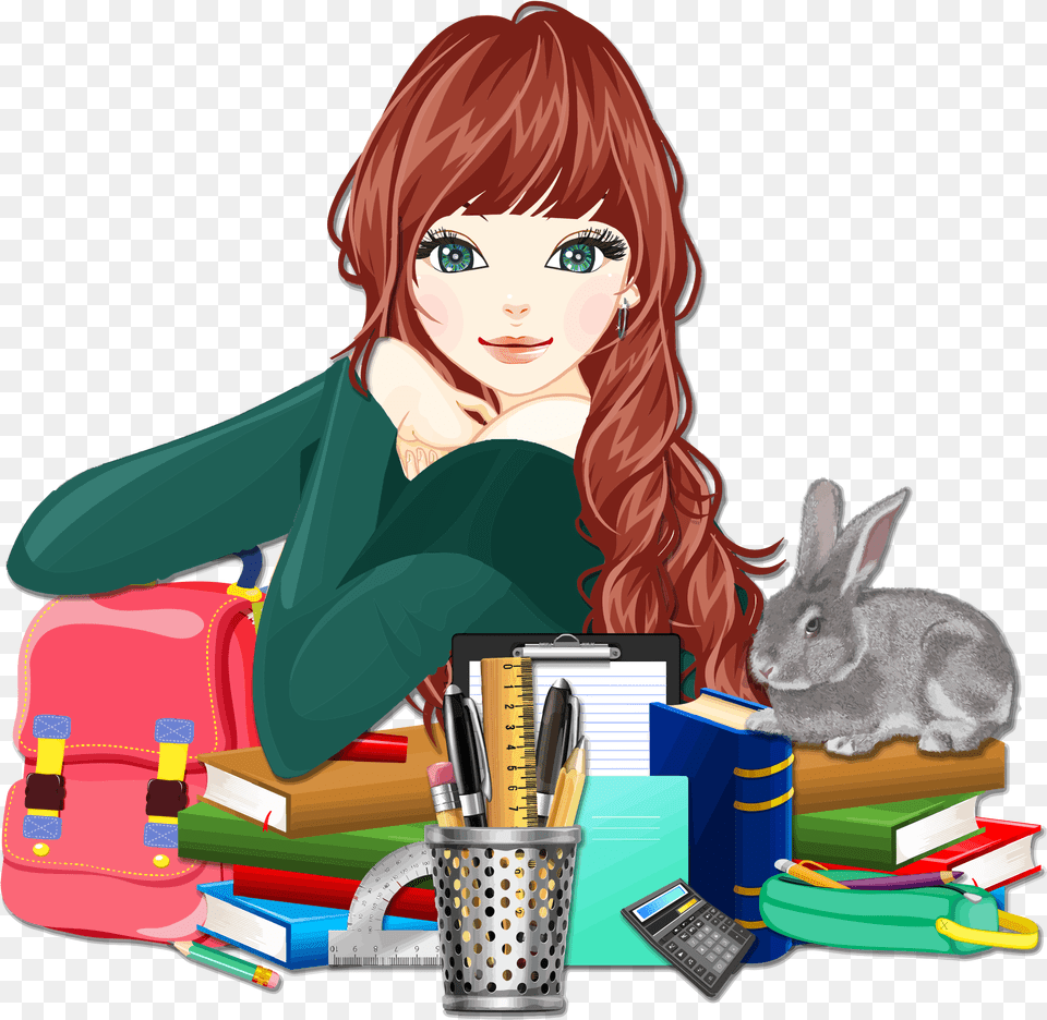 Anime Girl Sitting Coloring Books For Girls Stress Relief Teen School Clipart, Adult, Person, Woman, Female Png Image