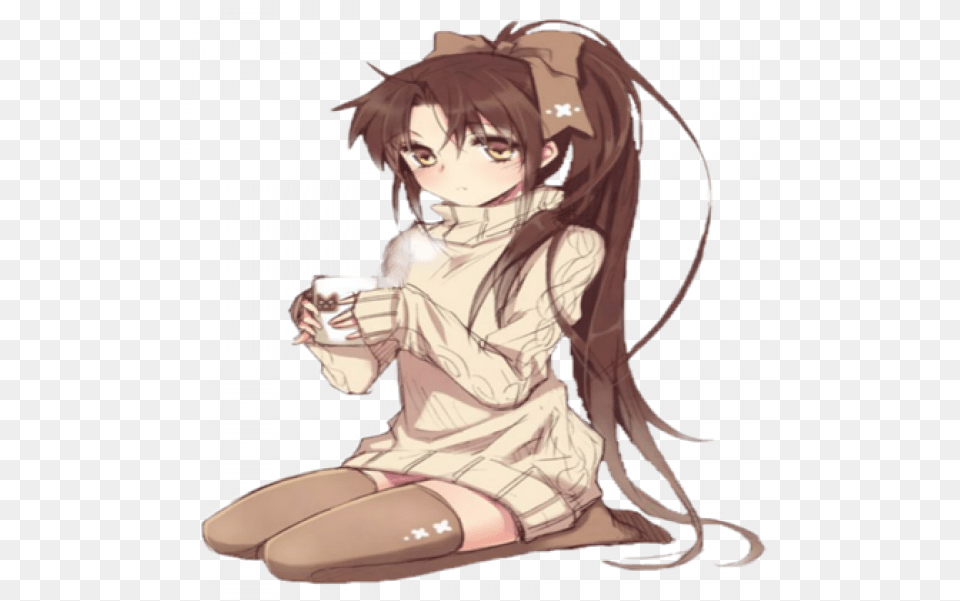 Anime Girl Sitting Anime Girl With Side Ponytail, Book, Comics, Publication, Person Free Transparent Png