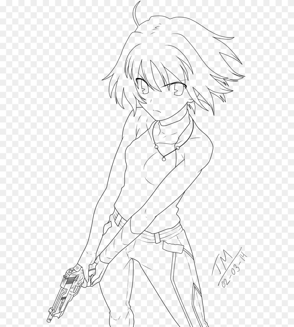 Anime Girl With Gun Anime Line Art, Gray Free Png Download