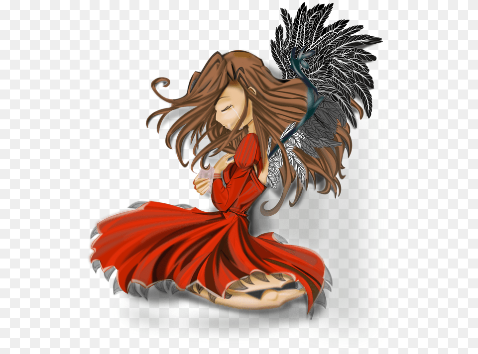 Anime Girl Woman Floating Feathers Dress Skirt Angel Anime Drawing, Book, Comics, Publication, Adult Free Png