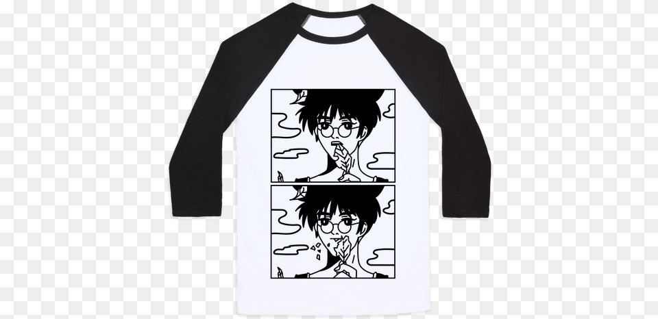 Anime Guy Eating A Leaf Baseball Tee Heathers F Me Gently With A Chainsaw Shirt, Book, Publication, T-shirt, Comics Free Transparent Png