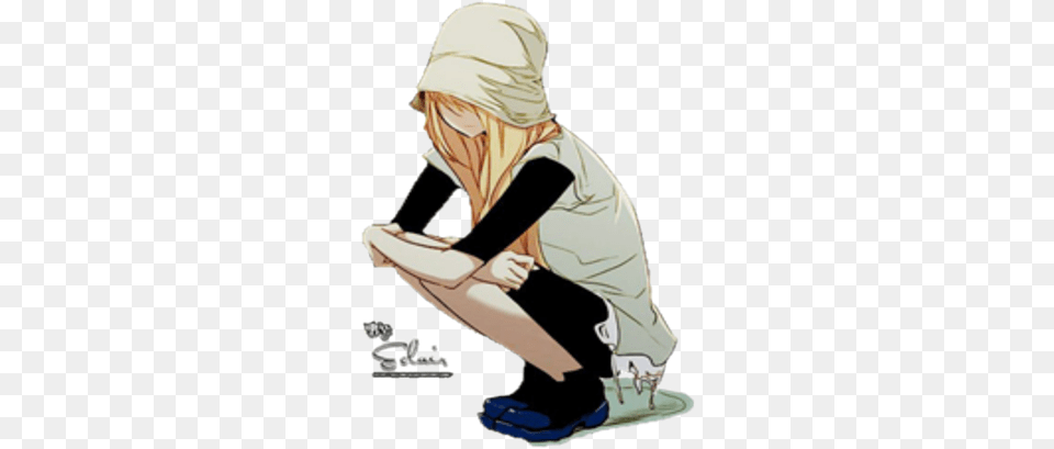 Anime Lonely Girl Blonde Anime Girl Sad 420x420 Sad Blonde Anime Girl, Book, Comics, Kneeling, Person Free Transparent Png