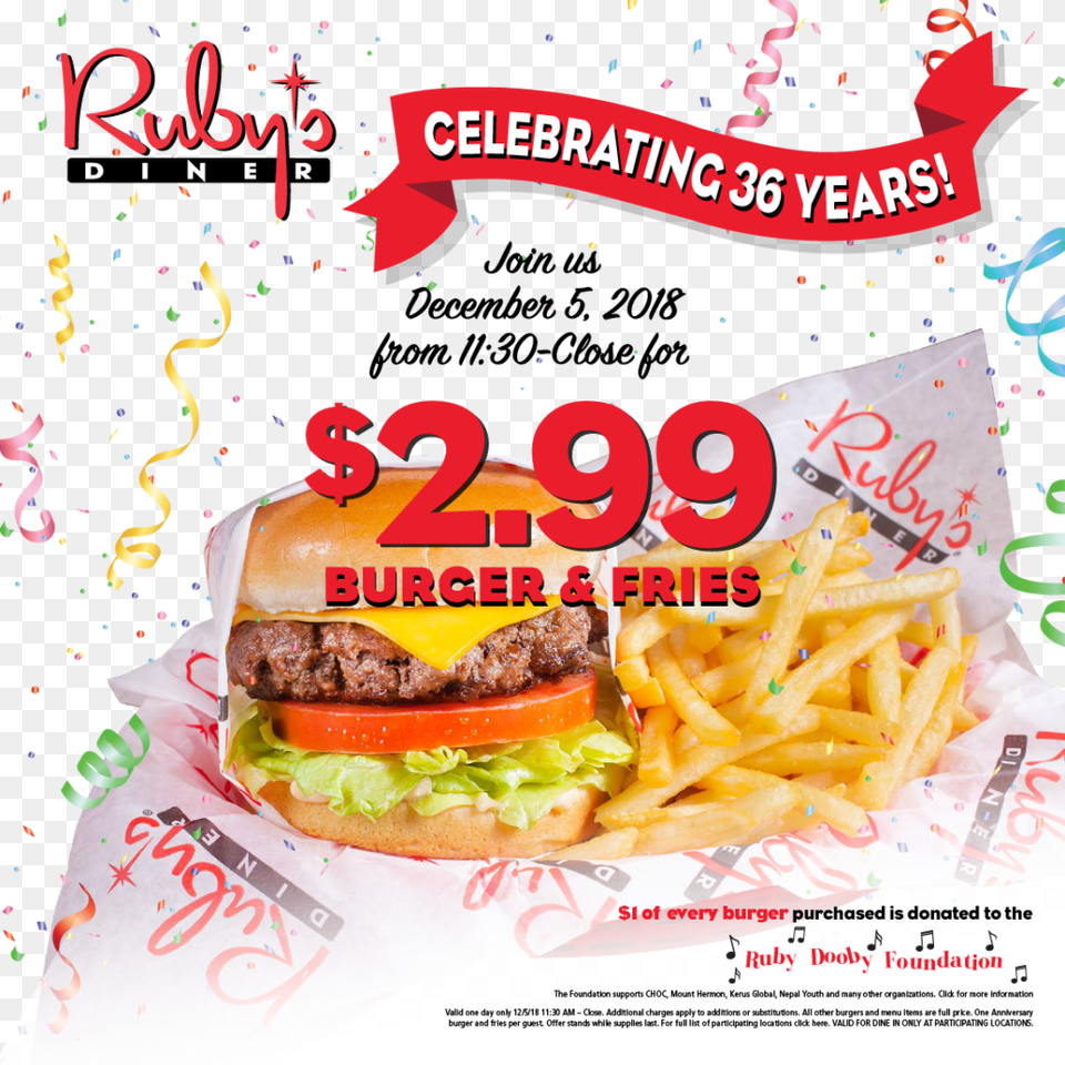 Anniversary Burger And Fries To Benefit The Ruby Ruby39s Diner Special, Advertisement, Food, Poster Free Transparent Png