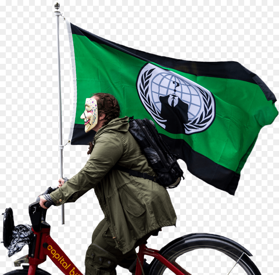 Anonymous Bike Green Flag Activism Ride Mask Guyfawkes Hybrid Bicycle, Adult, Person, Woman, Female Png Image