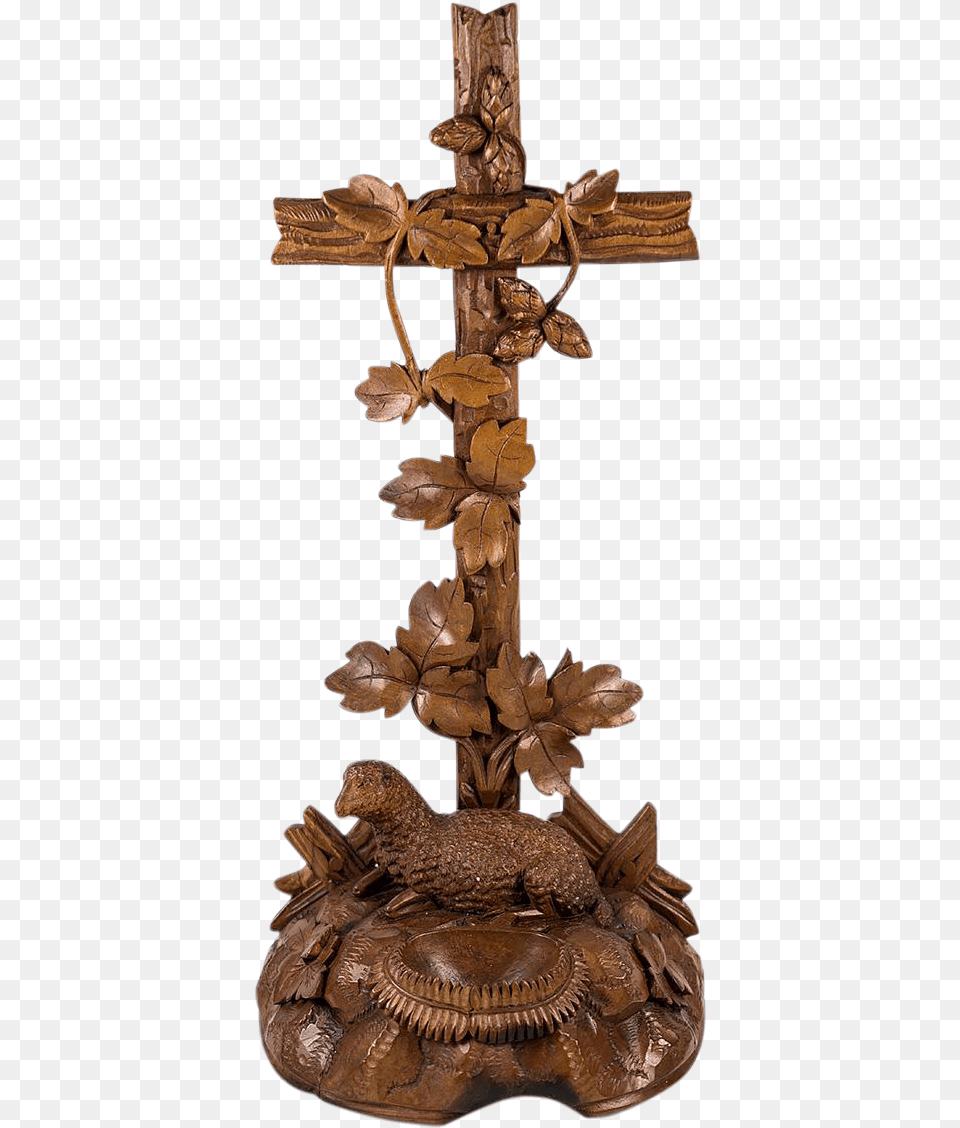 Antique 1139 Tall Black Forest Hand Carved Wood, Bronze, Cross, Symbol, Animal Free Png