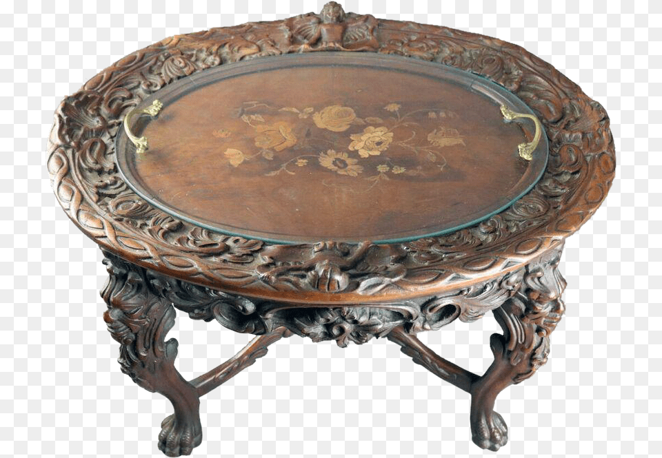 Antique Carved And Inlaid Figural Tea Table With Lion Coffee Table, Coffee Table, Furniture, Tabletop, Face Free Png