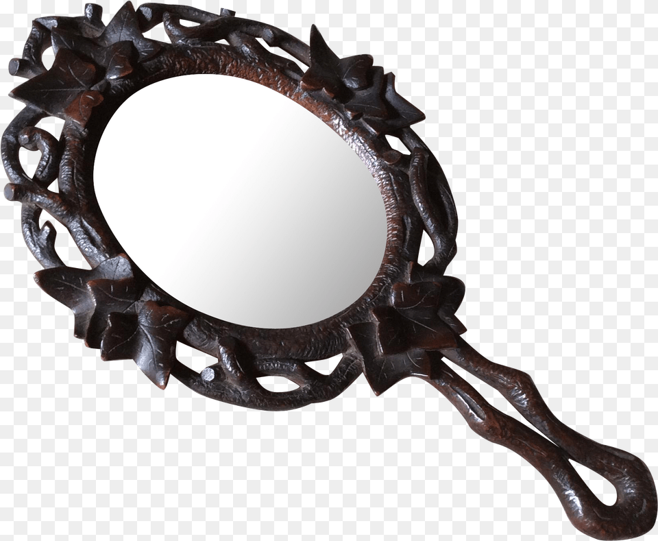 Antique German Black Forest Carved Wood Hand Mirror Picture Frame, Mace Club, Weapon Free Png