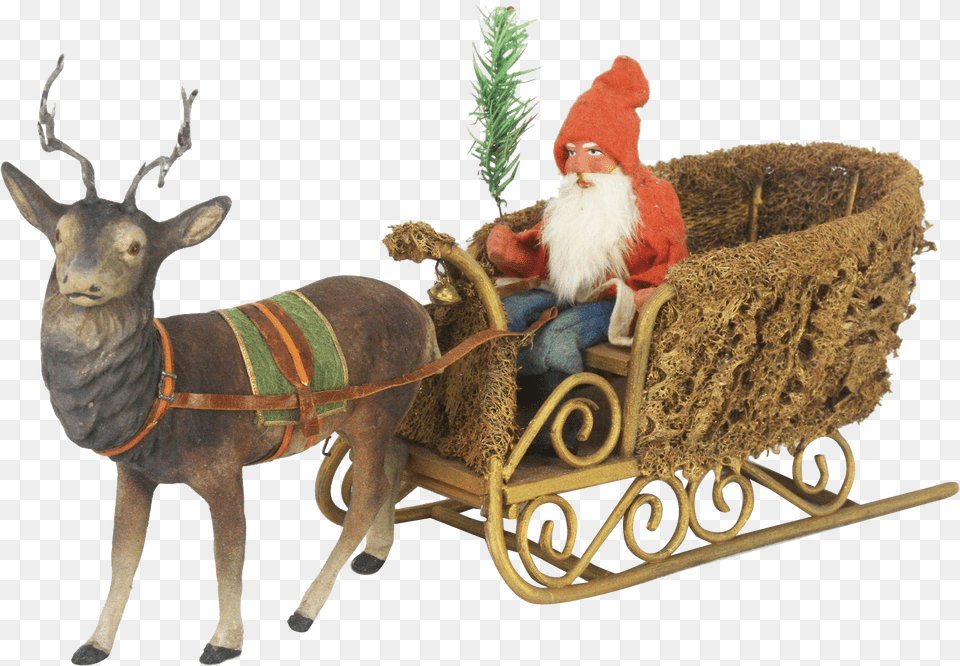 Antique German Santa In Loofah Sleigh With Candy Container Santa Claus, Animal, Antelope, Mammal, Wildlife Png Image