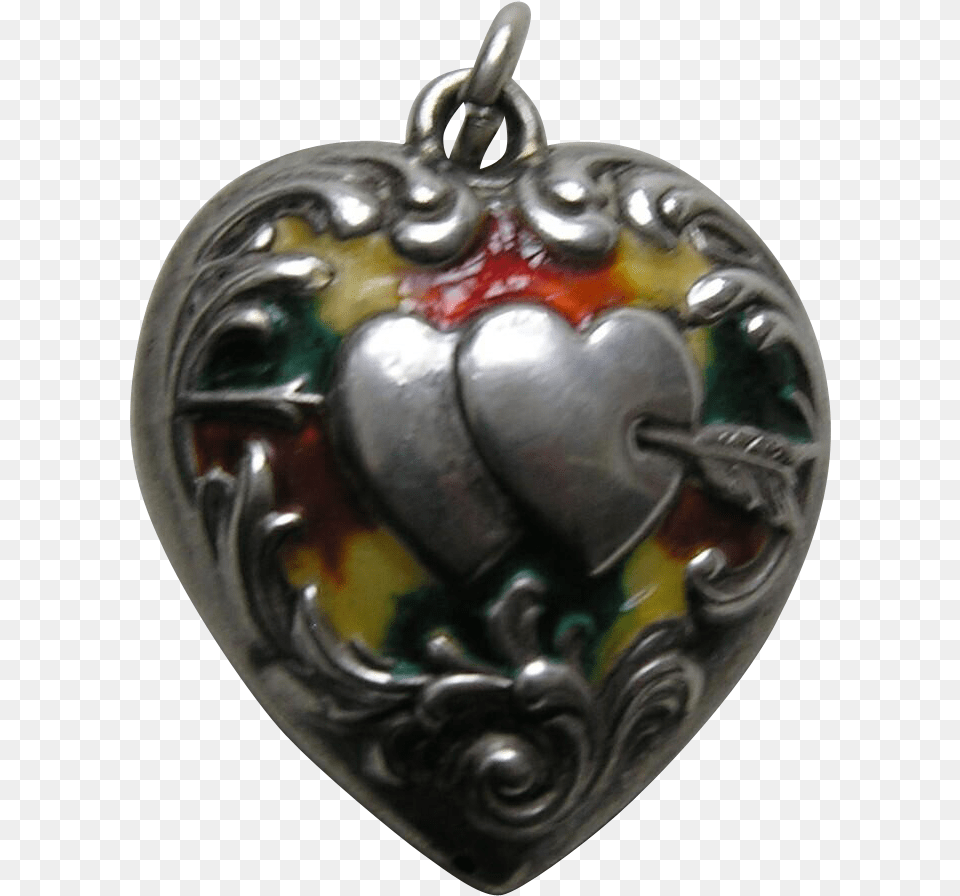 Antique Green Orange Yellow Mottled Enameled Double Heart Solid, Accessories, Pendant, Jewelry, Person Png