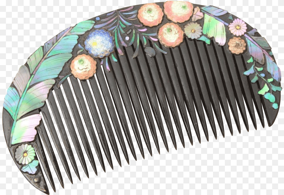 Antique Japanese Hair Comb Lacquer Enamel Flowers Kanzashi Png