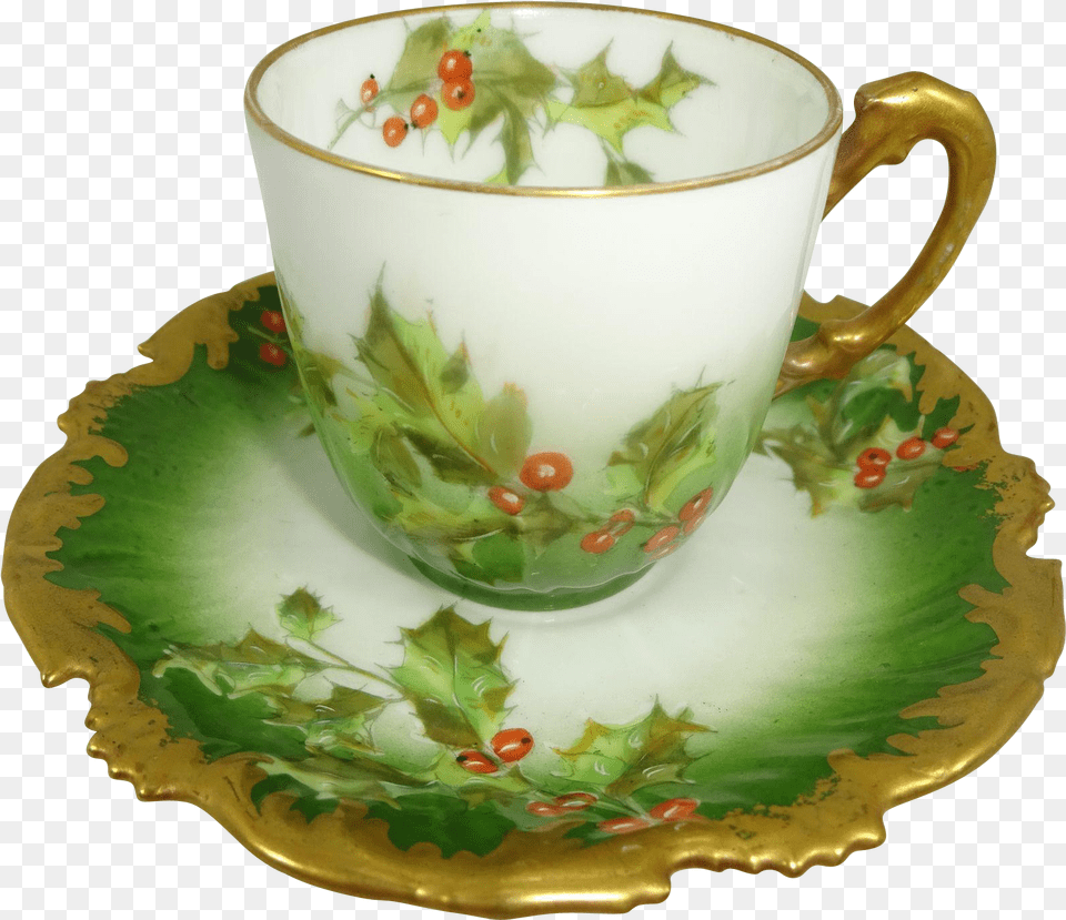 Antique Limoges France Cup Saucer Christmas Holly Berries Teacup, Plate Free Png Download