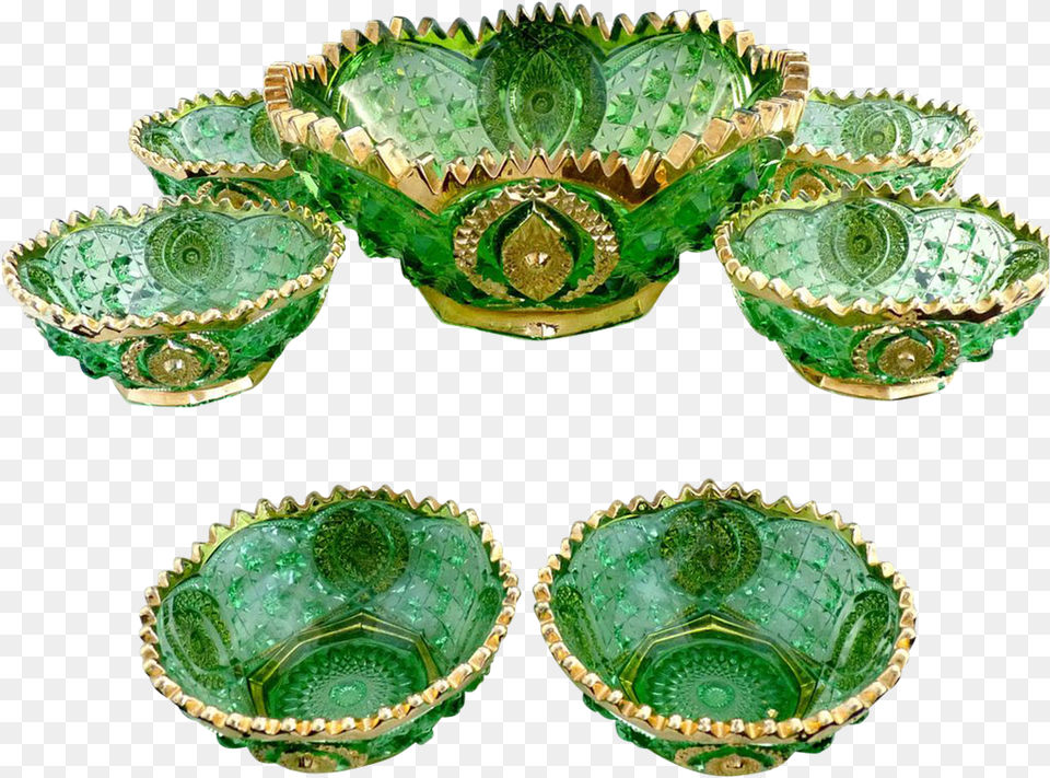 Antique Northwood Green Glass Berry Set Vintage Green Glassware With Gold Trim, Accessories, Gemstone, Jewelry, Bowl Png Image