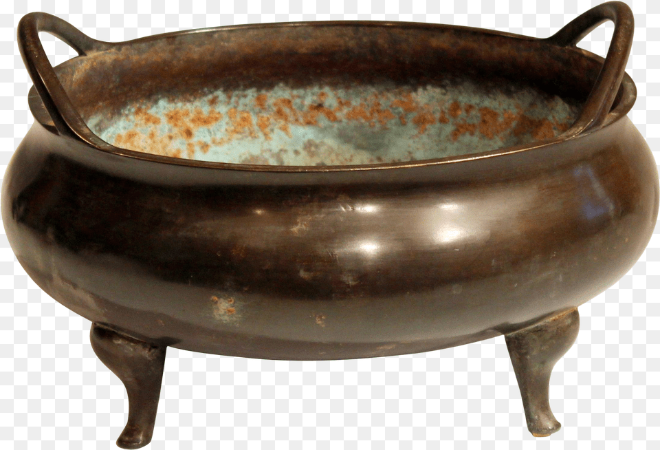Antique Old Chinese Bronze Large Censor Footed Bowl Patinated Coffee Table, Pottery, Tub, Cooking Pot, Cookware Png Image