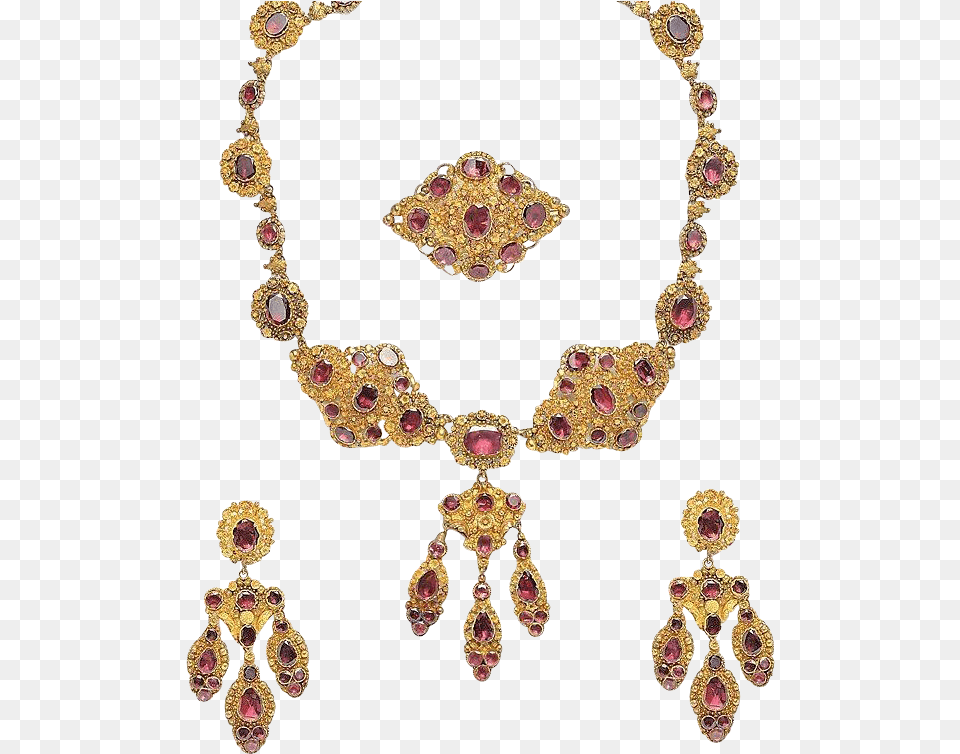 Antique Parure Set Cannetille Garnet Necklace Earring Earring, Accessories, Jewelry, Gemstone Free Png