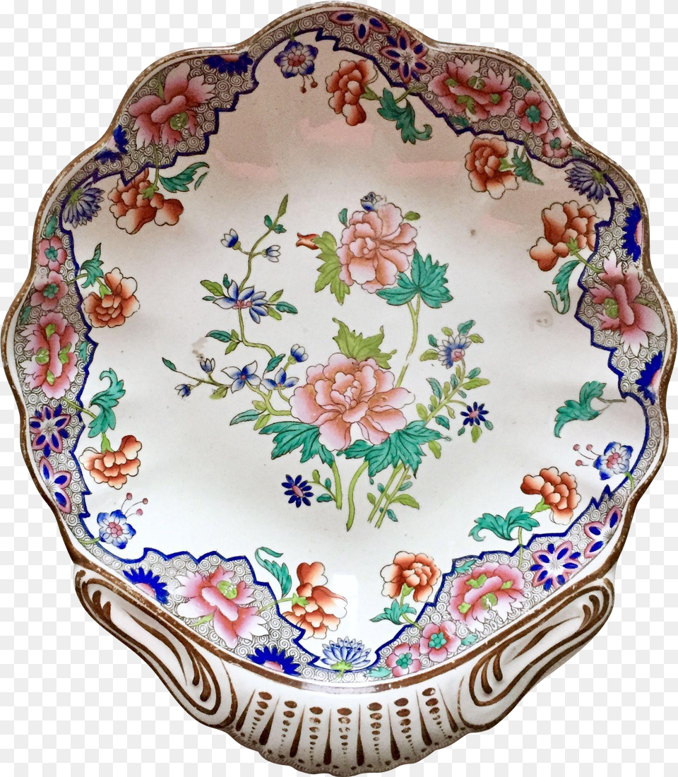 Antique Spode Shell Dish With Peony Pattern Ship Border Platter Free Png
