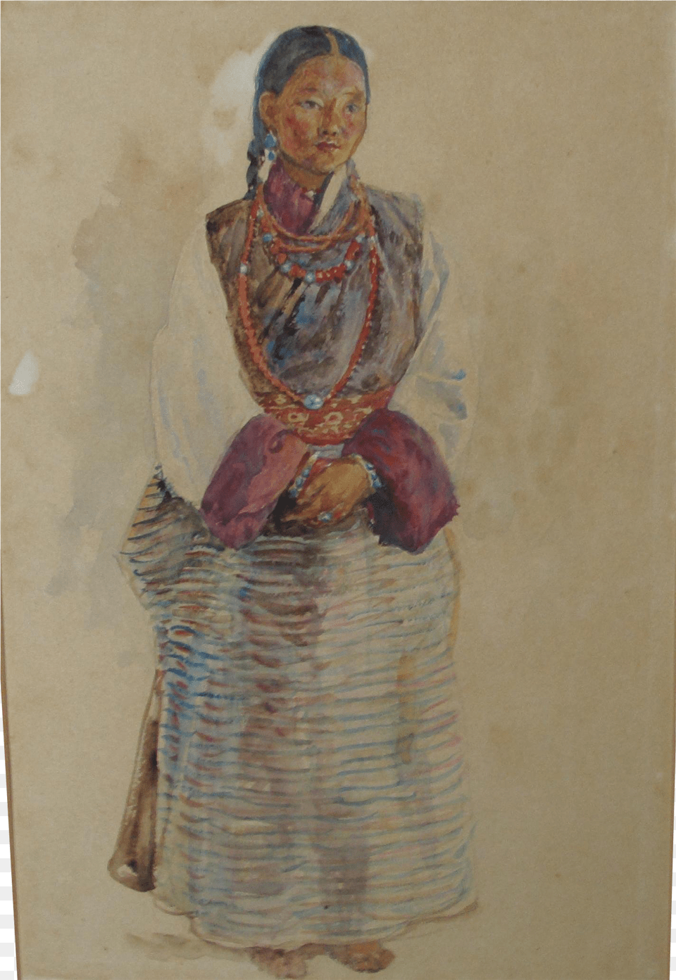 Antique Watercolor Of A Lady In Tibetan Costume By Pottery, Art, Painting, Accessories, Person Free Png