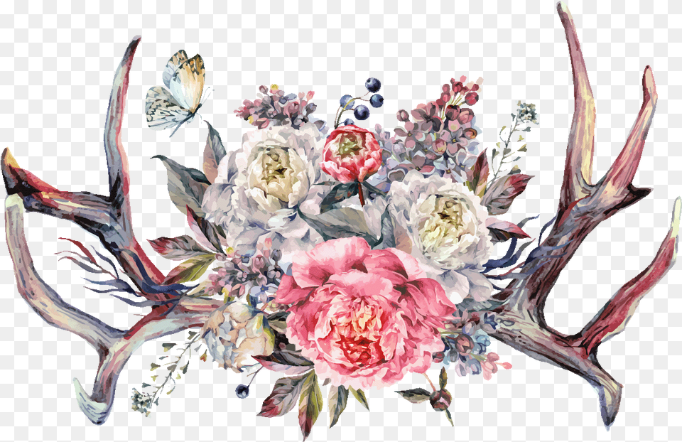 Antlers With Flowers Boho, Art, Floral Design, Flower, Flower Arrangement Free Transparent Png