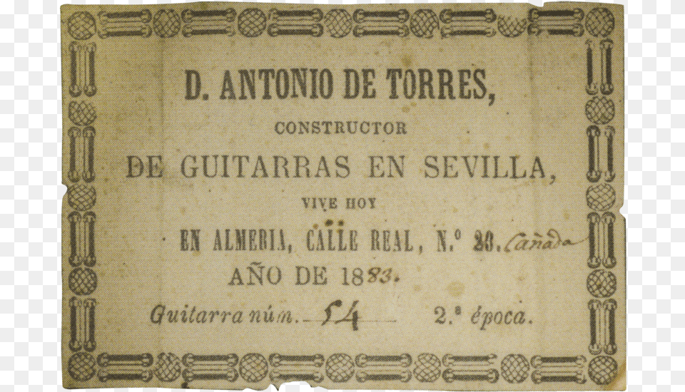 Antonio De Torres Guitar Label, Book, Paper, Publication, Text Free Png Download